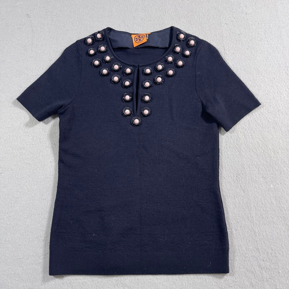 Tory Burch Embellished Sweater Women XS Slim Fit Navy Blue Pink Beaded Preppy
